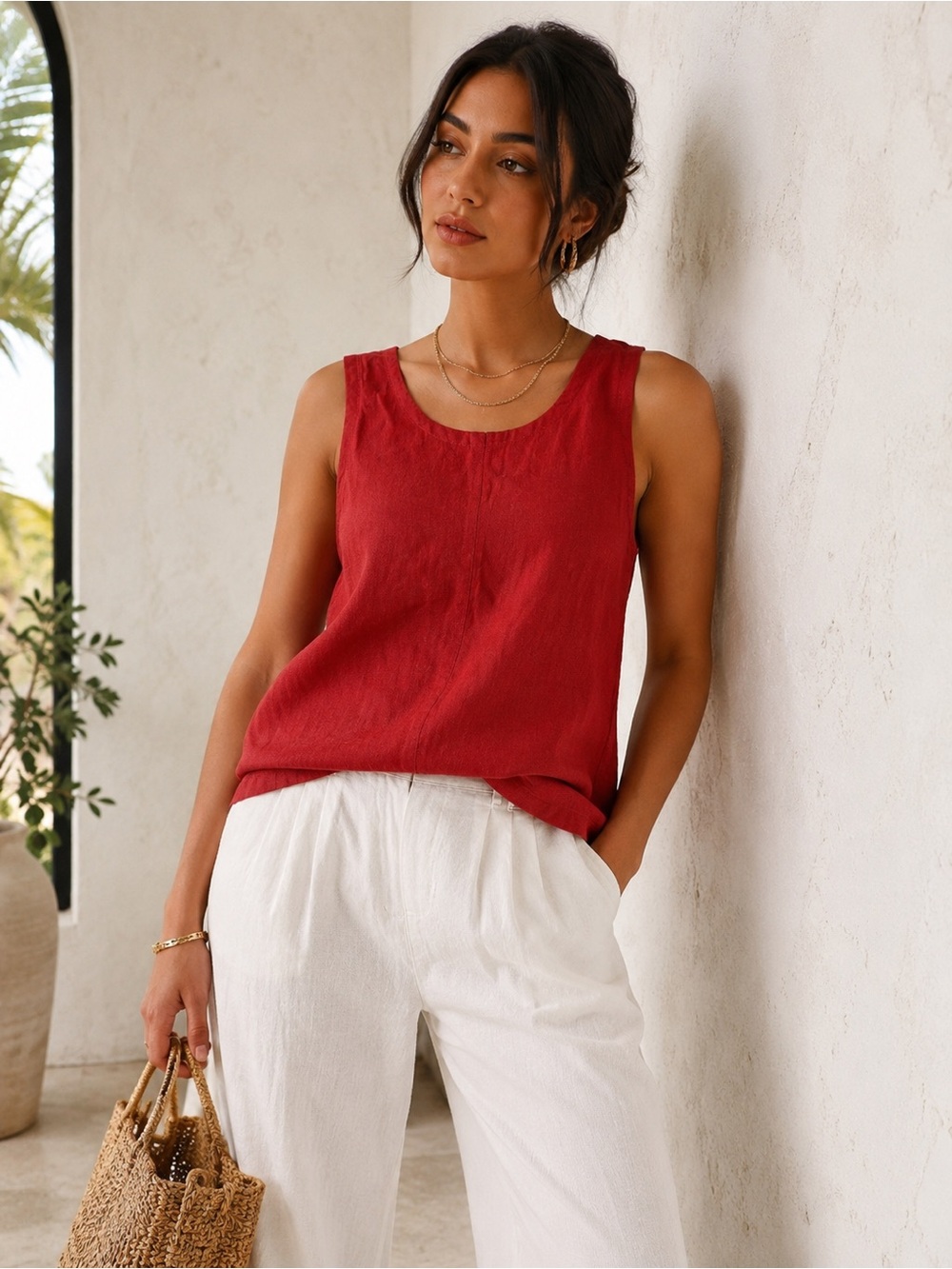 Size M-Linen-Viscose Blend Scoop Tank- size M